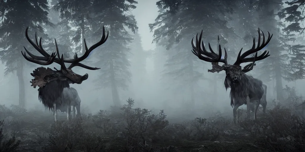 Image similar to leshen with deer skull head, and moose horns, ram skulls, grand imposing powerful sculpture. swirls of mist. occult photorealism, uhd, amazing depth, volumetric lighting, cinematic lighting. epic landscape.