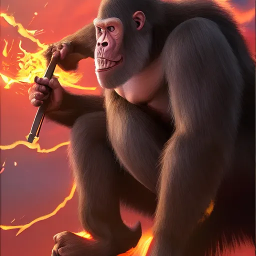 Image similar to fury art, an anthro ape wearing a large cape, exploding background, 3 d, 8 k, extremely detailed, furaffinity, artstation, award winning, sharp focus, illustration