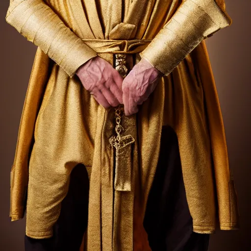 Image similar to richard iv the roman king, real human wearing golden cashmere pyjama, soft studio lighting, sigma lens photo,