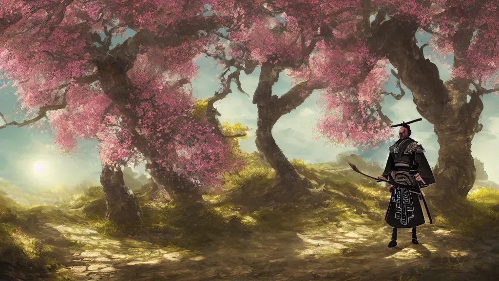 Prompt: beautiful painting of an armoured samurai meditating under a blossom tree, realistic, digital painting, concept art, matte painting, cinematic night lighting, 8 k, highly detailed, detailed terrain