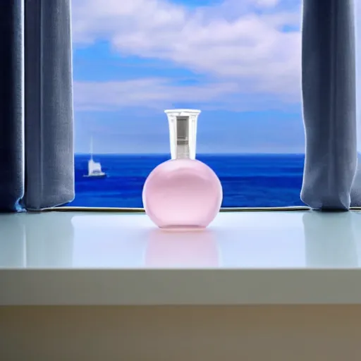 Image similar to perfume bottle on window sill in a pastel clean modern minimalist room with a view of the beach and blue skies in an easter - blue room well contoured smooth fair walls, up close shot, sharp focus, zen, clean, modern minimalist, octane highly render, 4 k, ultra hd,