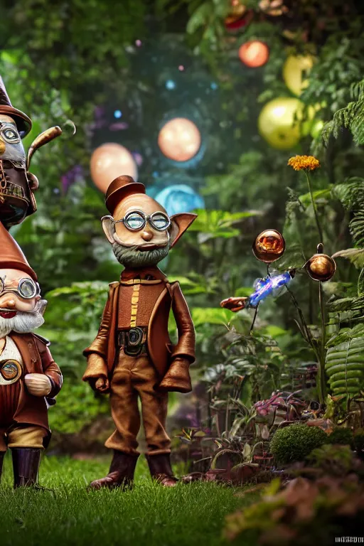 Prompt: Friendly steampunk sci-fi garden gnomes, ultra hd, design by Mark Ryden and Pixar and Hayao Miyazaki, unreal 5, DAZ, hyperrealistic, octane render, cosplay, RPG portrait, dynamic lighting, intricate detail, summer vibrancy, cinematic, background by gerald and andrei tarkovsky