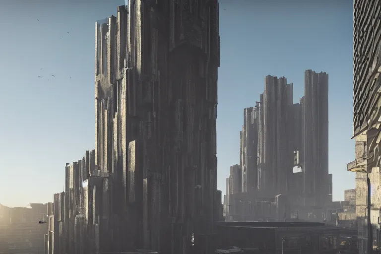 Image similar to streetscape, a towering cathedral of brutalist architecture, buildings covered with greebles, stunning volumetric light, sunset, metal, concrete and translucent material, stunning skies, majestic landscape, trending on Artstation, 8k, photorealistic, hyper detailed, unreal engine 5, IMAX quality, cinematic, epic lighting, in the style of Greg Rutkowski