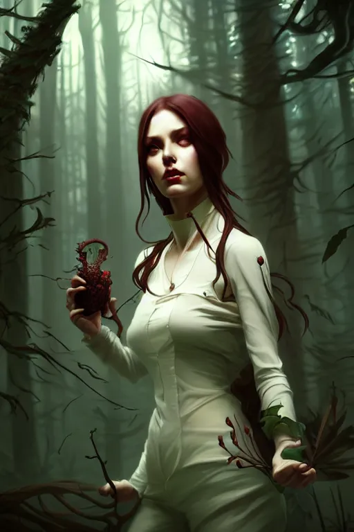 Prompt: beautiful digital painting of a stylish horror female forest with high detail, 8 k, stunning detail, works by artgerm, greg rutkowski and alphonse mucha, unreal engine 5, 4 k uhd