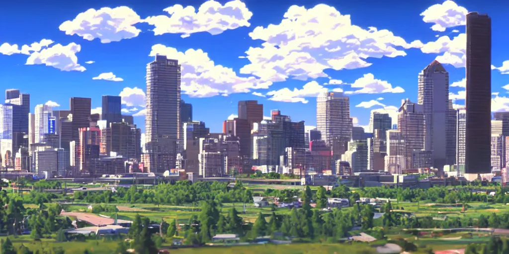 Prompt: the city of Calgary skyline; anime still from OVA animated by Makoto Shinkai beautiful sunlight and reflections