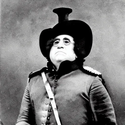 Image similar to Danny DeVito in Napoleonic officer's uniform, riding on horseback in a battlefield