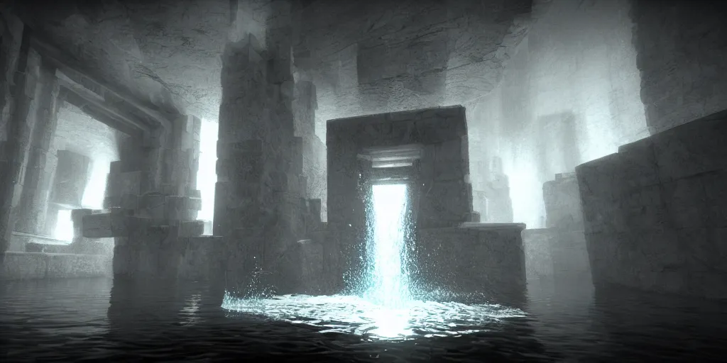 Image similar to floating water temple inside a void, unreal engine, high contrast, kelly freas