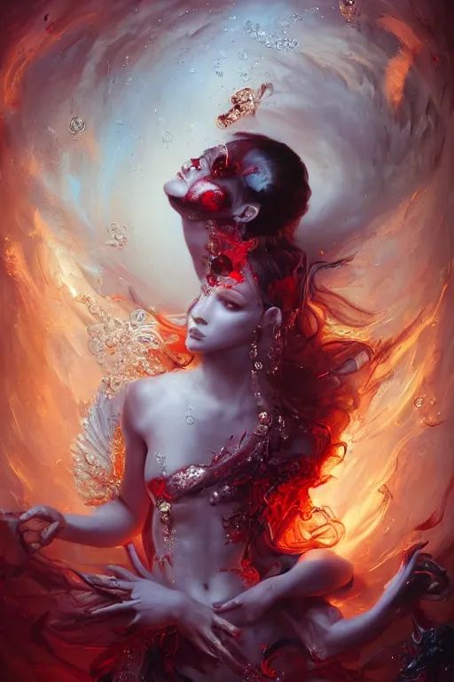 Image similar to beautiful model face covered with blood diamonds wearing fire velvet drowning in water, diamonds, angel, fantasy, dramatic lighting, highly detailed, digital painting, magic the gathering, hyper detailed, 3 d render, hyper realistic detailed portrait, peter mohrbacher, wlop, ruan jia