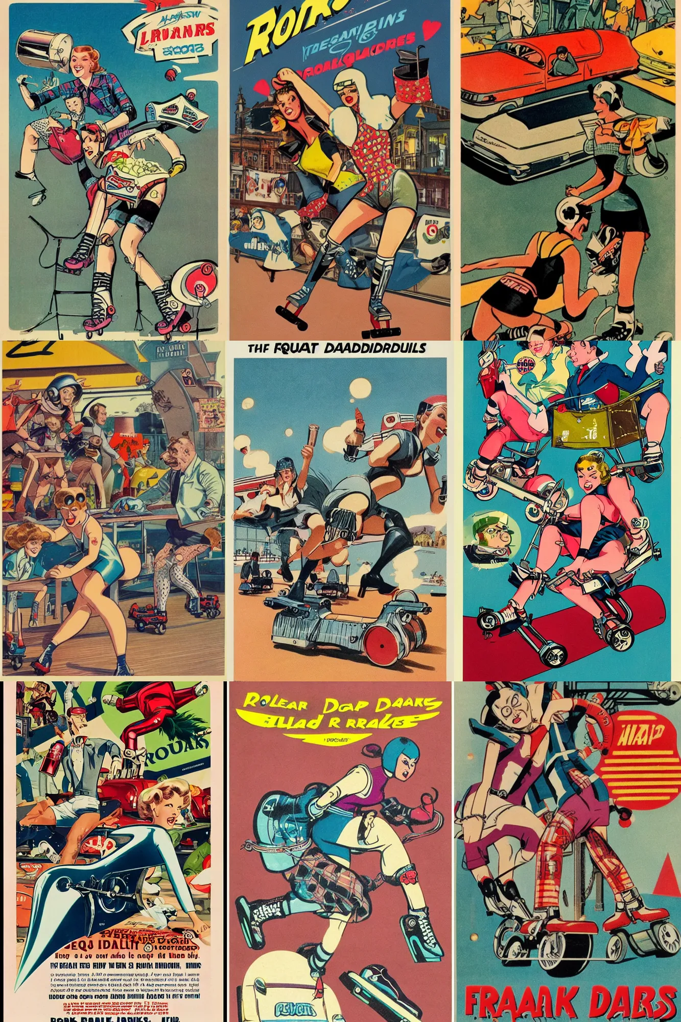 Prompt: roller derby advert for quad rollerskates Frank Hampson and mcbess, 1950s