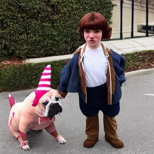 Image similar to a french bull dog dressed as eleven from stranger things