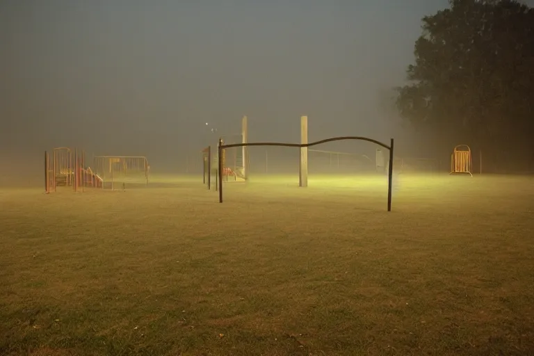 Prompt: that playground does not exist, alone, mid night, no lights, fog, very dark, dark, 2 0 0 0 s photo