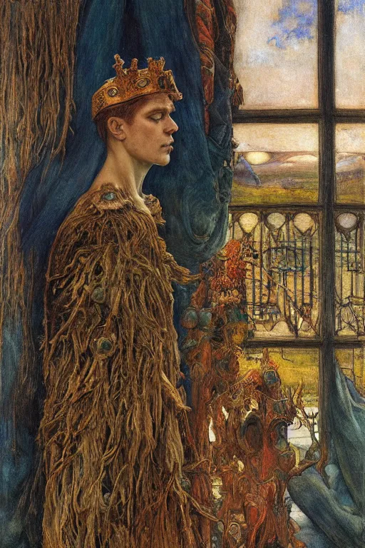 Image similar to the prince in his bone crown and regalia stands by the window at dusk,by Annie Swynnerton and Diego Rivera and Elihu Vedder, symbolist, dramatic lighting, elaborate geometric ornament, Art Brut, soft blues and greens,smooth, sharp focus, extremely detailed, Adolf Wölfli