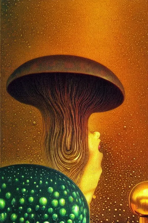 Image similar to 8 0 s close up portait of mushroom head with big mouth surrounded by spheres, rain like a dream oil painting curvalinear clothing cinematic dramatic fluid lines otherworldly vaporwave interesting details epic composition by artgerm rutkowski moebius francis bacon gustav klimt