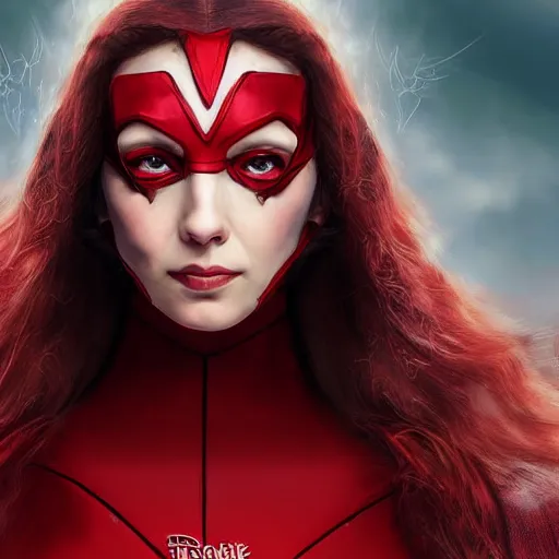 Image similar to A portrait of elizabeth in scarlet witch costume, cinematic, digital art, amazing detail