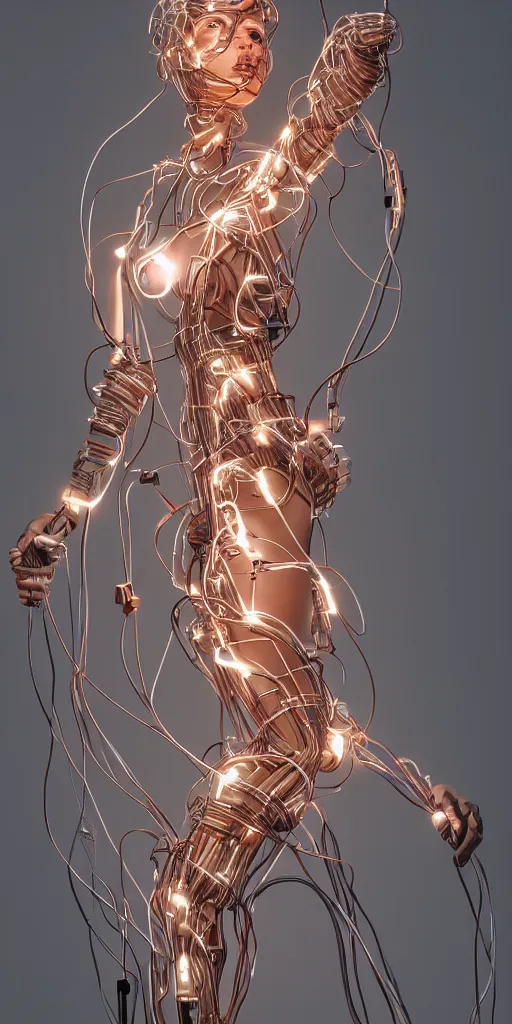 Image similar to beauty woman made of wires and cables, dramatic lighting, very detailed, electrical details, high details, 4k, 8k, trending on artstation, by Hajime Sorayama and Paolo Eleuteri Serpieri