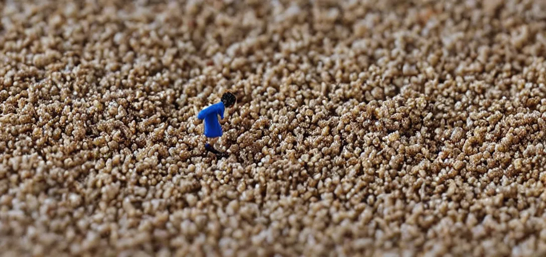 Prompt: Tiny people mining a grain of rice for food