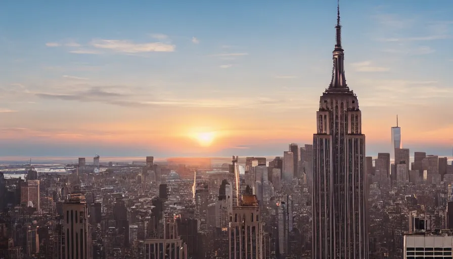 Prompt: empire state building replaced by a giant anubis statue, sunset, drone footage, sharp focus, professional photo
