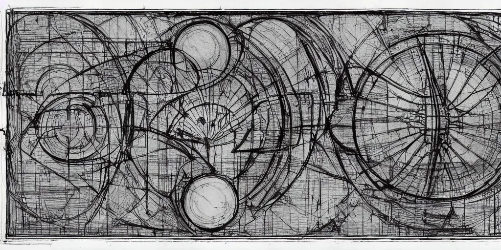 Image similar to leonardo da vinci color intricate full page scan blueprint of an environmental turbine machine, on paper, black ball pen style, :: ultra-detailed technical precision :: mixed media with white and silver lines, realistic composition, point of interest at golden ratio, light from right, more darkness on the bottom, monumentally art composition, high quality of sketching with subtle hairlines, highly detailed rounded forms, inside out and outside in, octane render