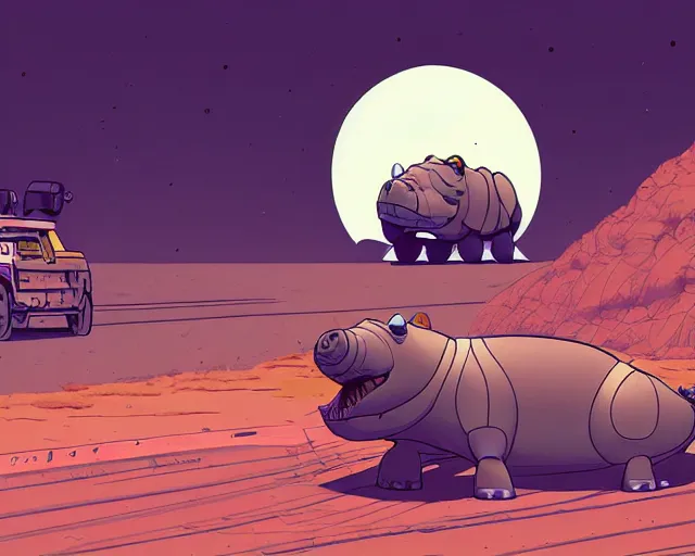 Prompt: a study of cell shaded cartoon of a mechanical hippo on a desert road, in front of a big moon illustration, wide shot, subtle colors, post grunge, concept art by josan gonzales and wlop, david rubin, mike mignola, laurie greasley, highly detailed, sharp focus, trending on artstation, hq, deviantart, art by artgem