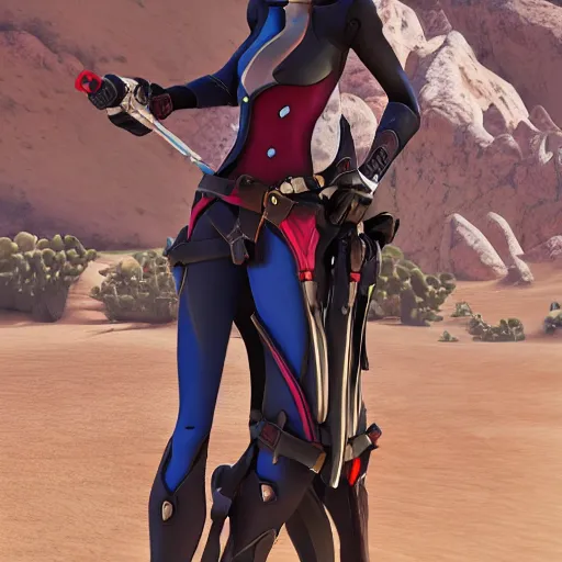 Image similar to widowmaker overwatch in the desert riding on a horse, black and red jacket, collar around neck, very detailed face, feminine face, full body