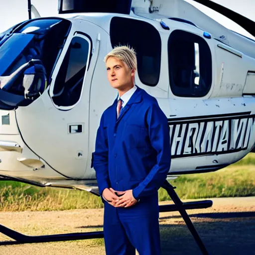 Image similar to blond male doctor in front of helicopter, epic lighting