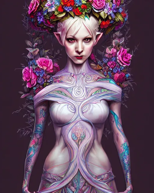 Image similar to digital art, centered full body elven bride with short hair, vivid flower crown ,intricate, veins, by James Jean and by artgerm, by ross tran , ultradetailed, charachter design, concept art, trending on artstation,