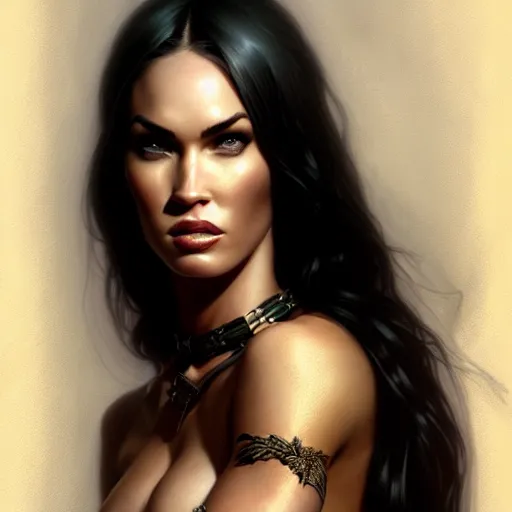 Image similar to portrait of megan fox, muscular upper body, slave collar, bikini, fantasy, intricate, elegant, highly detailed, digital painting, artstation, concept art, matte, sharp focus, illustration, art by aenaluck and roberto ferri and greg rutkowski, epic fantasy, digital painting