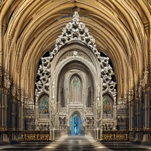 Image similar to a hyperrealistic 3 d render of a delicate ivory sculpture of an ornate detailed cathedral populated by mandelbrot fractals, micro detail, unreal engine, backlit lighting, octane renderer, catholicpunk, colorful, psychedelic, physically based rendering, carved soap, trending on cgsociety