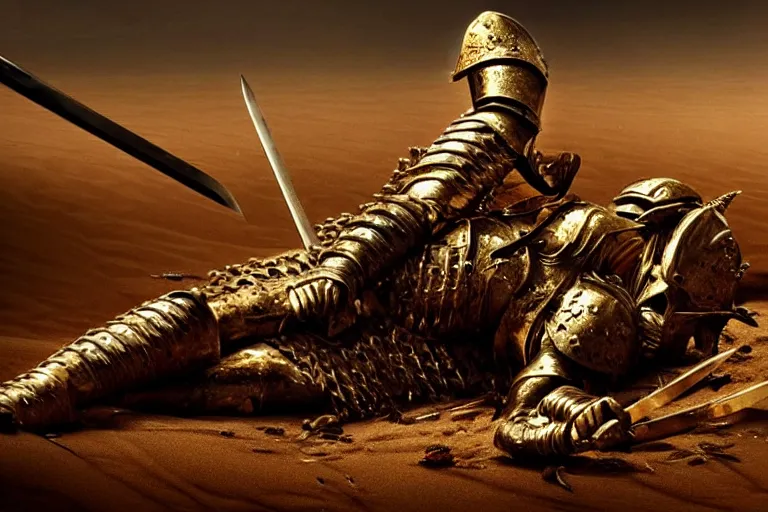 Image similar to the king in the desert dead on the ground, defeated, blood on sand, swords fallen to ground, fighting in a dark scene, gold sword, detailed scene, killed in war, blood spill, Armour and fallen Crown, highly detailed, blood and dust in the air, brutal battle, action scene, cinematic lighting, dramatic lighting, trending on artstation, elegant, intricate, character design, motion and action and tragedy, fantasy, D&D, highly detailed, digital painting, concept art