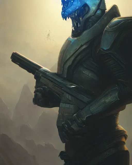 Prompt: oil painting of Krogan, sharp focus, holding sci-fi rifle, magical aura, heroic pose, fantasy style, octane render, volumetric lighting, 8k high definition, by greg rutkowski, highly detailed, trending on art Station, magic the gathering artwork, Spaceship hallway background, centered, horror, sci-fi artwork, demonic