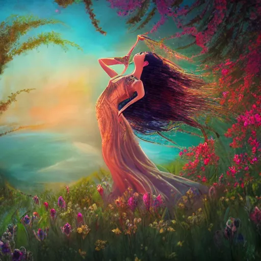 Image similar to summer scene of a spirit of a woman composed by the exquise blossom of flowers, dances in the air majestically, breathtaking, intricate, elegant, beautiful, exotic, fantasy, concept art, digital art, magical scene, cinematic, golden hour, rich moody colors, 8 k, hi - res, uhd