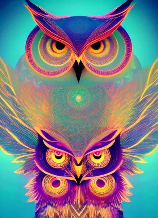 Image similar to symmetry!! product render poster vivid colors divine proportion owl, 神 圣, glowing fog intricate, elegant, highly detailed, digital painting, artstation, concept art, smooth, sharp focus, illustration,