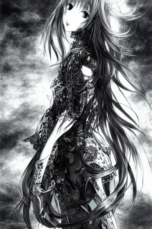 Image similar to a vertical portrait of a character in a scenic environment by Yoshitaka Amano, black and white, dreamy, cybernetic armor, wavy long black hair, highly detailed