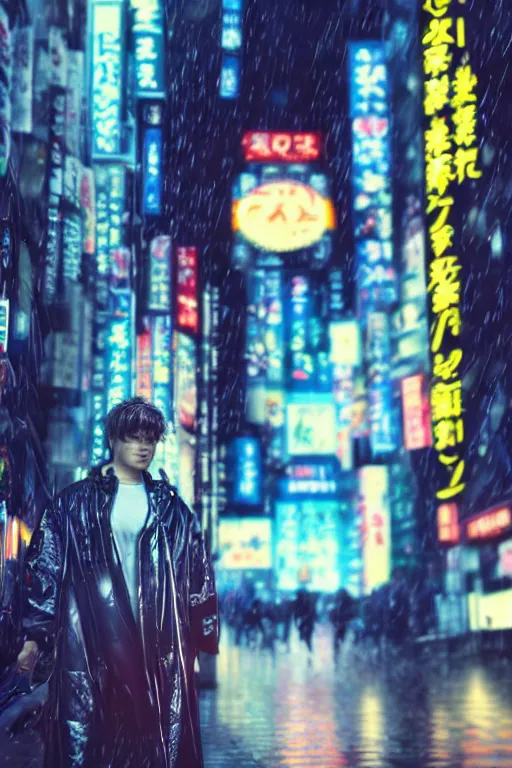 Prompt: Kodak Portra 400, 8K, highly detailed, wachowski seinen manga 3/4 extreme closeup portrait, eye contact, focus on clear transparent raincoat male model, tilt shift zaha hadid style anime background: famous blade runner anime remake, tokyo izakaya scene