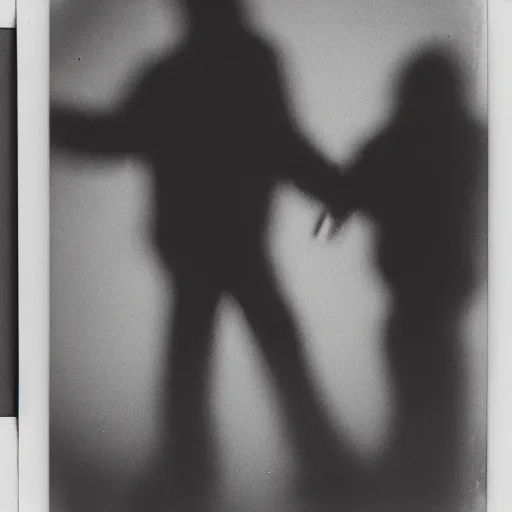 Image similar to There are two young male shadowy figures on a stage, motion blur, polaroid picture, black-and-white, 35mm