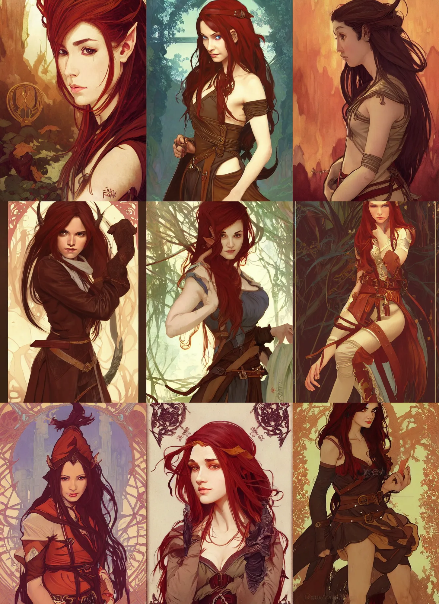 Prompt: portrait of beautiful half elf monk, female teenager, brown skin, red hair, fisting, leather trench coat, badass, high fantasy, dnd, smooth, sharp focus, illustration, by rossdraws, alphonse mucha, frank fanzzeta, collectible card art