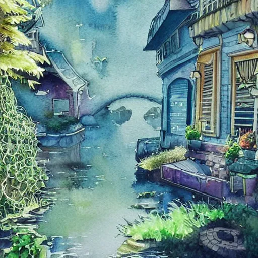 Image similar to Beautiful happy picturesque charming sci-fi town in harmony with nature. Beautiful light. Water and plants. Nice colour scheme, soft warm colour. Beautiful detailed watercolor by Lurid. (2022)