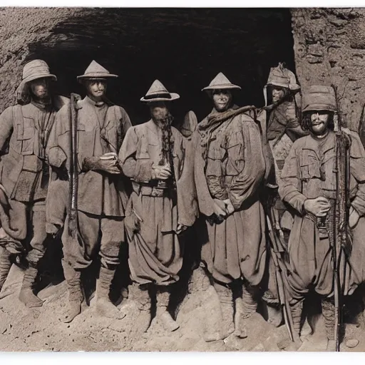 Image similar to ultra detailed photorealistic sepia - toned photo from 1 9 1 7, a small group of british soldiers standing with bedouin traders in traditional arab garb, at an archaeological dig site in wadi rum, ultra realistic, painted, intricate details, lovecraft, atmospheric, dark, horror, brooding, highly detailed, by clyde caldwell