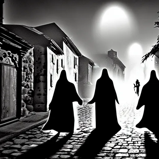 Prompt: ghostly procession of the undead walks down the streets of the ancient medieval village of barovia, midnight, volumetric lighting, cinematic