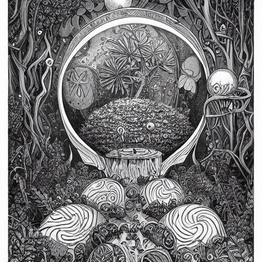 Prompt: a portal in a mysterious garden filled with spherical plants, artwork by Joe Fenton, trending on art station