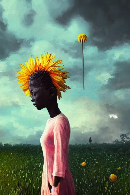 Image similar to closeup, giant daisy flower head, girl between monsteras, surreal photography, wind and cold, dramatic sky, impressionist painting, digital painting, artstation, simon stalenhag