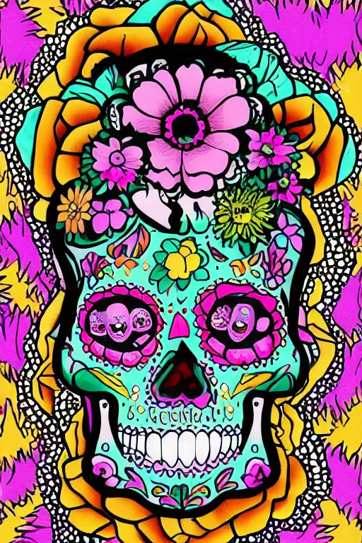 Image similar to illustration of a sugar skull day of the dead girl, art by meow wolf