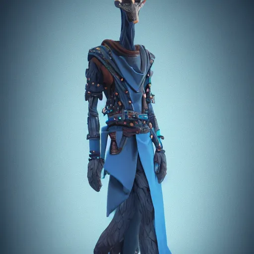 Image similar to a highly detailed portrait of a humanoid giraffe in a blue cloak, adventurer, artstation, deviantart, professional, unreal engine 5, octane render