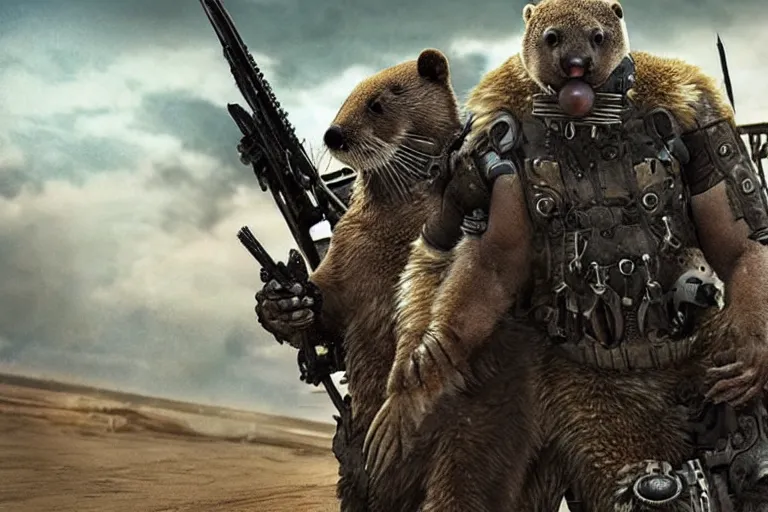 Image similar to a good ol'otter fursona ( from the furry fandom ), heavily armed and armored facing down armageddon in a dark and gritty version from the makers of mad max : fury road. witness me.