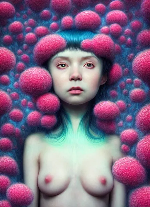 Image similar to hyper detailed 3d render like a Oil painting - kawaii portrait Aurora (black haired Fae) seen Eating of the Strangling network of yellowcake aerochrome and milky Fruit and Her delicate Hands hold of gossamer polyp blossoms bring iridescent fungal flowers whose spores black the foolish stars by Jacek Yerka, Mariusz Lewandowski, Houdini algorithmic generative render, Abstract brush strokes, Masterpiece, Edward Hopper and James Gilleard, Zdzislaw Beksinski, Mark Ryden, Wolfgang Lettl, hints of Yayoi Kasuma, octane render, 8k