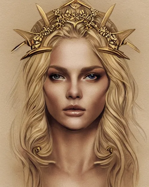 Image similar to tattoo design sketch of cute beautiful blonde super model as aphrodite greek goddess wearing a gold laurel wreath and triangle earrings, beautiful piercing gaze with sharp pupils, in the style of greg rutkowski, fantasy, amazing detail, epic, elegant, smooth, sharp focus, front view