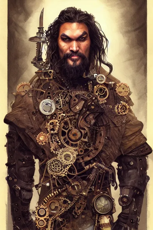 Image similar to jason momoa as a steampunk cyborg, portrait, western, steampunk, duster, fantasy, intricate, elegant, highly detailed, digital painting, artstation, concept art, sharp focus, illustration, art by artgerm and greg rutkowski and alphonse mucha