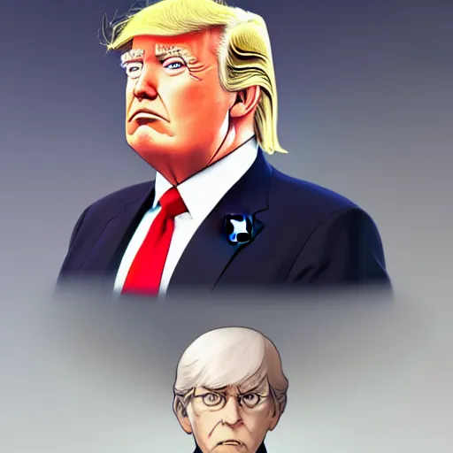 Image similar to portrait of donald trump, artstation, cartoon, elegant, highly detailed, digital painting, masterpiece art by ghibli!, makoto shinkai!, bluth!, fujita goro!, giraud!, ghailan!, akihiko yoshida!, fadeev! 8 k