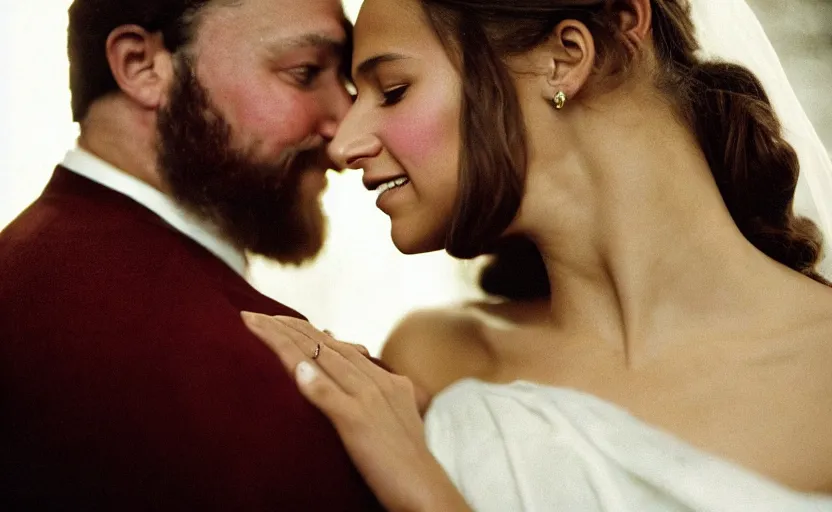 Prompt: movie still close-up portrait of skinny cheerful Alicia Vikander in a wedding dress. She kisses a groom, a morbidly obese and bearded nerd. By David Bailey, Cinestill 800t 50mm eastmancolor, heavy grainy picture, very detailed, high quality, 4k, HD criterion, precise texture and facial expression