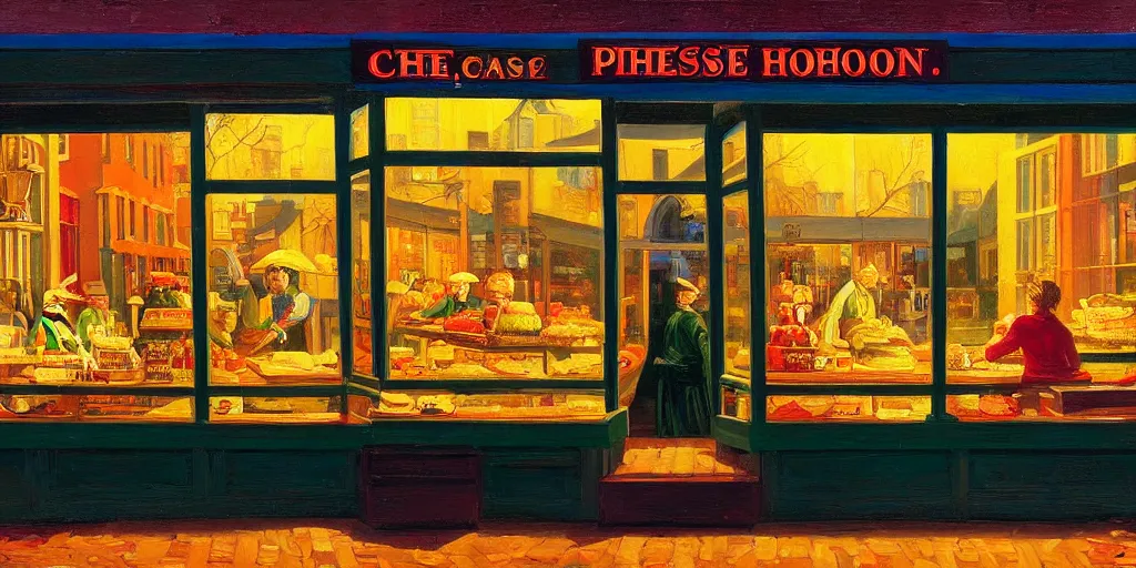 Prompt: a cheese shop window, by dan mumford and peter doig and edward hopper, highly detailed, dramatic lighting, 8 k